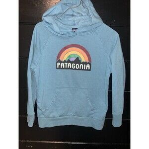 Patagonia Hoodie Youth L Gray Spell-Out Rainbow Outdoor Camping Hike Retro Y2K